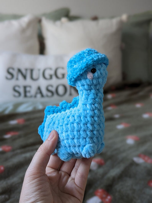 Blue Dinosaur Plush - Removable Bucket Hat - Super Soft Cute Crochet Amigurumi - Cuddly Toy Stuffed Animal
