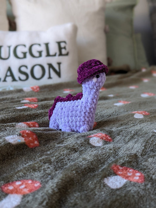 Purple Dinosaur Plush - Removable Bucket Hat - Super Soft Cute Crochet Amigurumi - Cuddly Toy Stuffed Animal