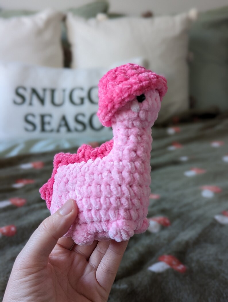 Pink Dinosaur Plush - Removable Bucket Hat - Super Soft Cute Crochet Amigurumi - Cuddly Toy Stuffed Animal
