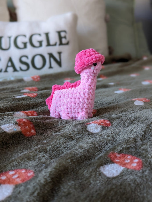 Pink Dinosaur Plush - Removable Bucket Hat - Super Soft Cute Crochet Amigurumi - Cuddly Toy Stuffed Animal