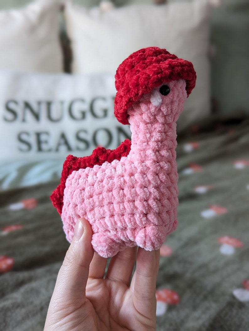 Red Dinosaur Plush - Removable Bucket Hat - Super Soft Cute Crochet Amigurumi - Cuddly Toy Stuffed Animal
