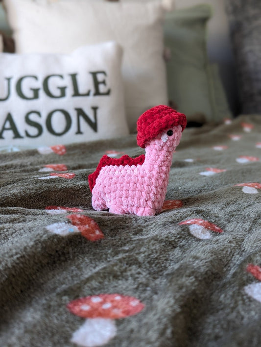 Red Dinosaur Plush - Removable Bucket Hat - Super Soft Cute Crochet Amigurumi - Cuddly Toy Stuffed Animal