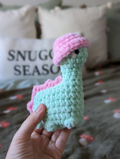 Y2K Dinosaur Plush - Removable Bucket Hat - Super Soft Cute Crochet Amigurumi - Cuddly Toy Stuffed Animal