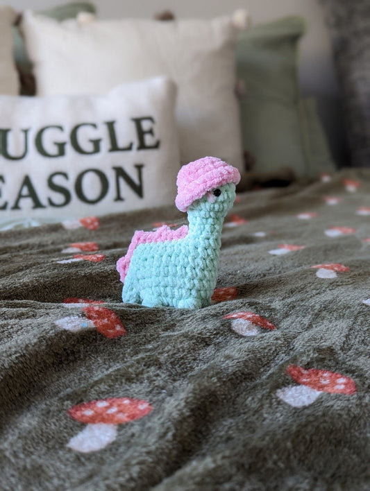 Y2K Dinosaur Plush - Removable Bucket Hat - Super Soft Cute Crochet Amigurumi - Cuddly Toy Stuffed Animal