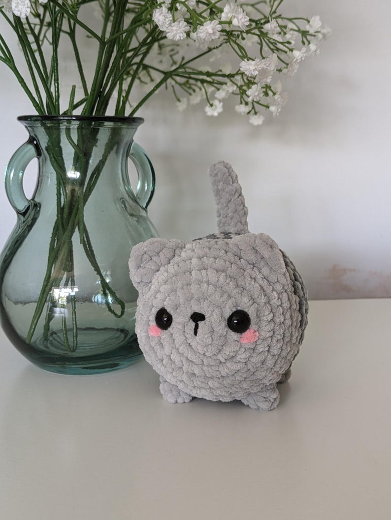 Chubby Grey Cat Plush - Super Soft Cute Crochet Amigurumi - Cuddly Toy Stuffed Animal
