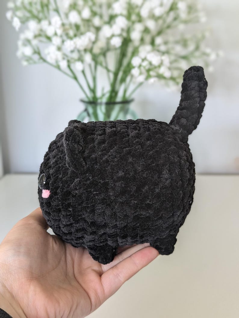 Chubby Black Cat Plush - Super Soft Cute Crochet Amigurumi - Cuddly Toy Stuffed Animal