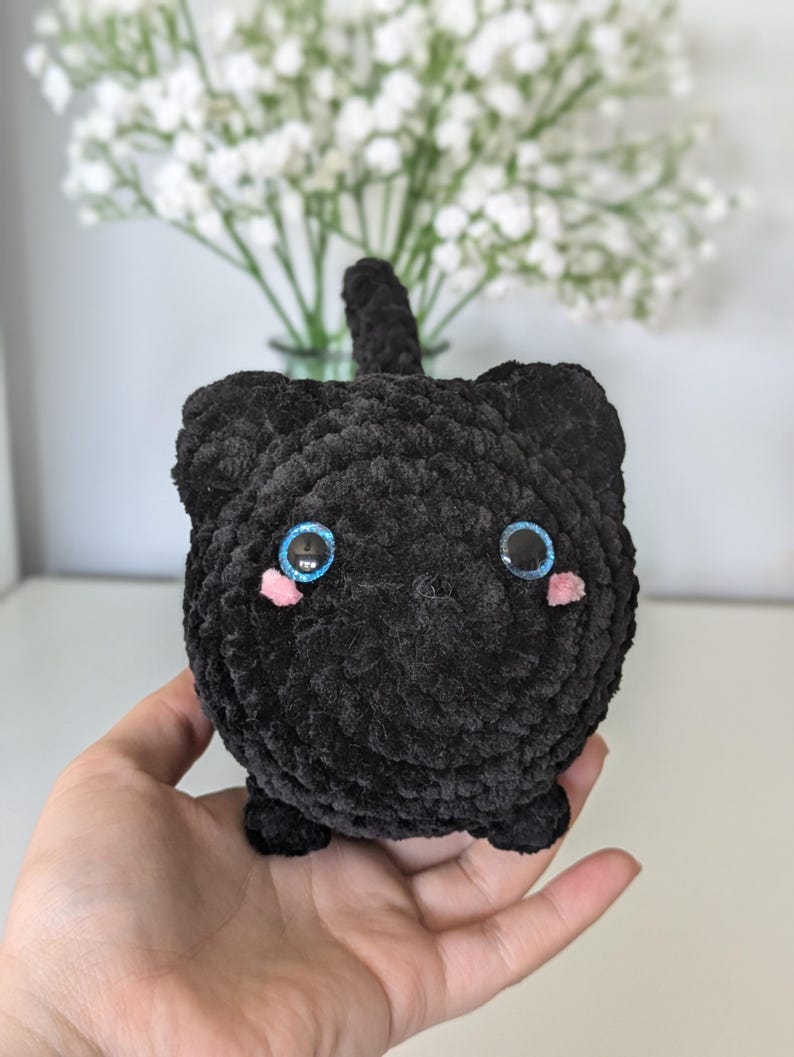Chubby Black Cat Plush - Super Soft Cute Crochet Amigurumi - Cuddly Toy Stuffed Animal